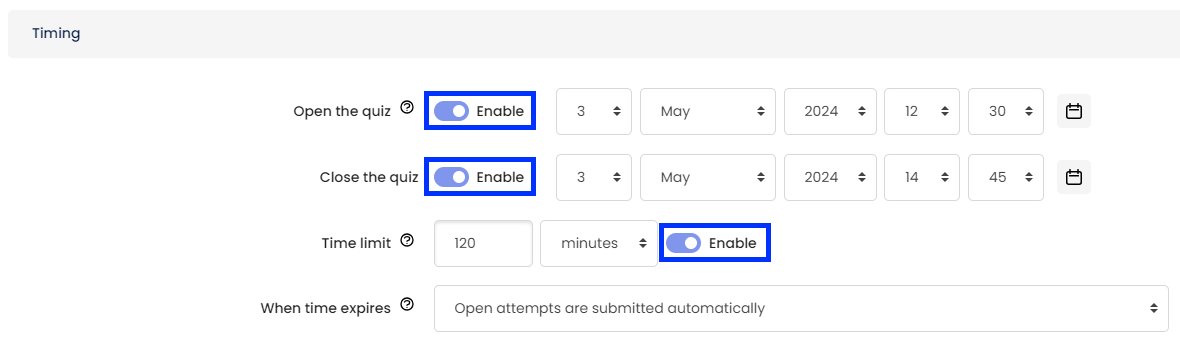 Moodle - Quiz Settings - Timing